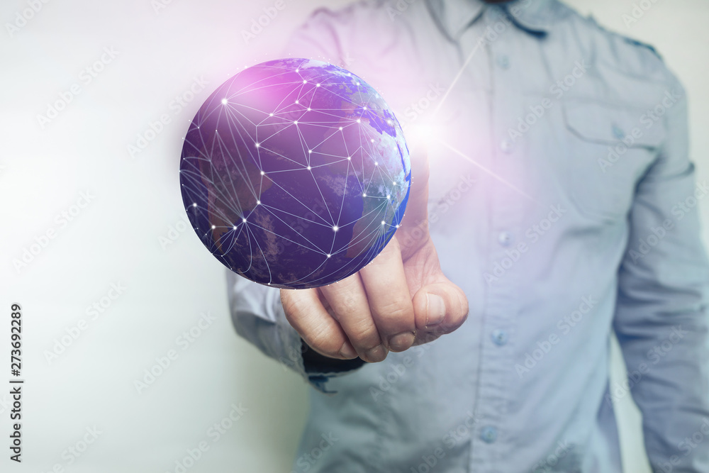 Poster human touching planet with finger and network web on a white background. mixed media.