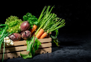 A set of fresh vegetables in a wooden box. On dark background. Healthy eating and healthy organic food concept