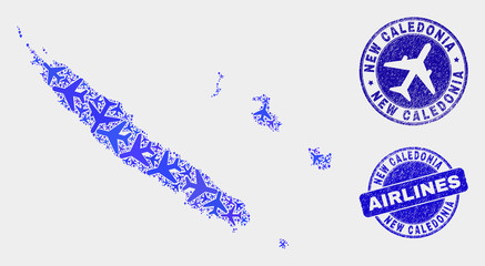Fototapeta premium Air plane vector New Caledonia Islands map collage and scratched stamps. Abstract New Caledonia Islands map is formed with blue flat randomized air plane symbols and map pointers.