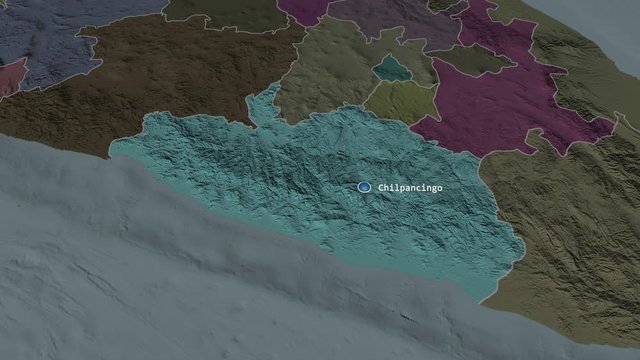Guerrero - state of Mexico zoomed on the administrative map of the globe. Animation 3D