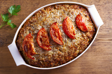 Beef rice and cabbage casserole. View from above, top studio shot