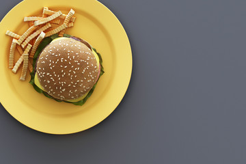 hamburger with french fries in the plate on grey background. 3d render