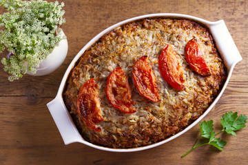 Beef rice and cabbage casserole. View from above, top studio shot