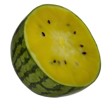fresh yellow half of watermelon isolated on white background