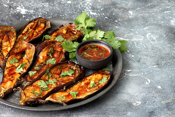Grilled eggplants with garlic,chili and cilantro