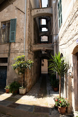 Fototapeta na wymiar Albenga old street view, Italy.