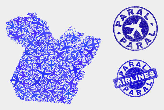 Airline vector Paral State map composition and grunge seals. Abstract Paral State map is constructed of blue flat randomized airplane symbols and map locations. Flight scheme in blue colors,