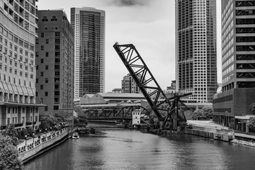 Black and White Image of the Raised Kinzie Street Railroad Bridge over the Chicago River - Powered by Adobe