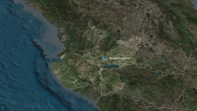 Jalisco - state of Mexico zoomed on the satellite map of the globe. Animation 3D