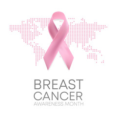 Realistic pink ribbon, breast cancer awareness symbol on pink wold map, vector illustration