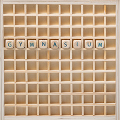 Im Holzsetzkasten aus Holz-Buchstabenwürfel gelegtes Wort Gymnasium