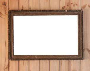 vintage photo frame on old wooden wall