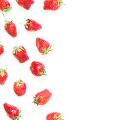 Creative fresh strawberries pattern background with copy space. Food concept.  Top view. - Image.