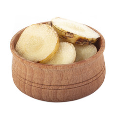 heap of fresh galangal root in wooden cup  isolated on white background