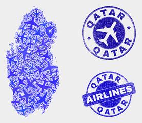 Aviation vector Qatar map collage and grunge stamps. Abstract Qatar map is formed with blue flat random airplane symbols and map pointers. Tourism scheme in blue colors, and rounded stamps.