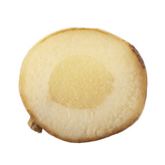 slice of fresh galangal root  isolated on white background. top view