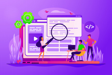 Coders and programmers team, web designers characters creating content. Front end developer, website interface, coding and programming concept. Vector isolated concept creative illustration