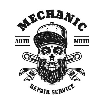 Mechanic skull and crossed wrenches vector emblem