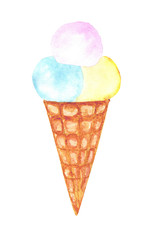 Ice cream pink, yellow and blue balls in a waffle cone. Hand drawn watercolor illustration isolated on white background.