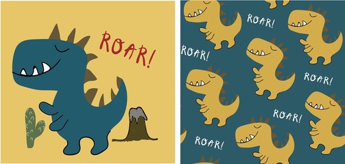 set of cute dinosaur print and seamless pattern with dinosaurs. vector illustration