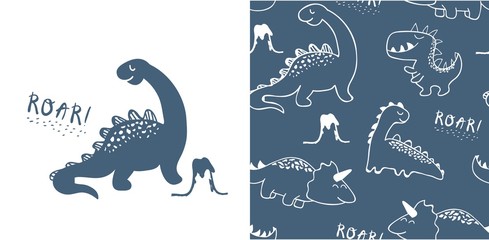 set of cute dinosaur print and seamless pattern with dinosaurs. vector illustration