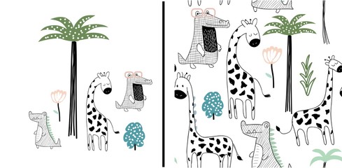 Fototapety  set of cute giraffe print and seamless pattern with giraffes.vector illustration