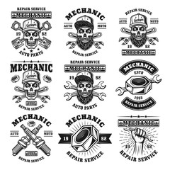 Obraz premium Mechanic and repair service set of vector emblems