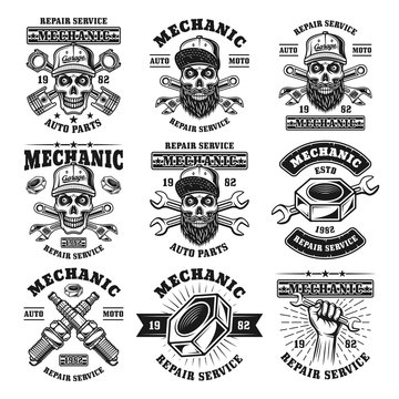 Mechanic and repair service set of vector emblems