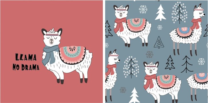 set of cute llama print and seamless pattern with llamas. vector