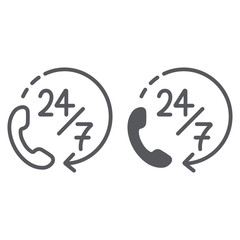 Call 24 7 line and glyph icon, service and assistance, support 24 7 sign, vector graphics, a linear pattern on a white background.