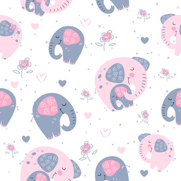 Seamless pattern. The elephant with the mother elephant. Love and motherhood. Vector.