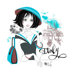 Elegant girl in Italy. Venice.Travel. Vector Watercolor stains