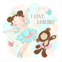 Little ballerina girl dancing with a bear. I love dancing. Inscription. Vector.