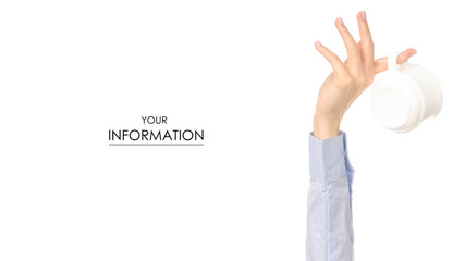 White cup mug in hand arm raised up pattern on white background isolation