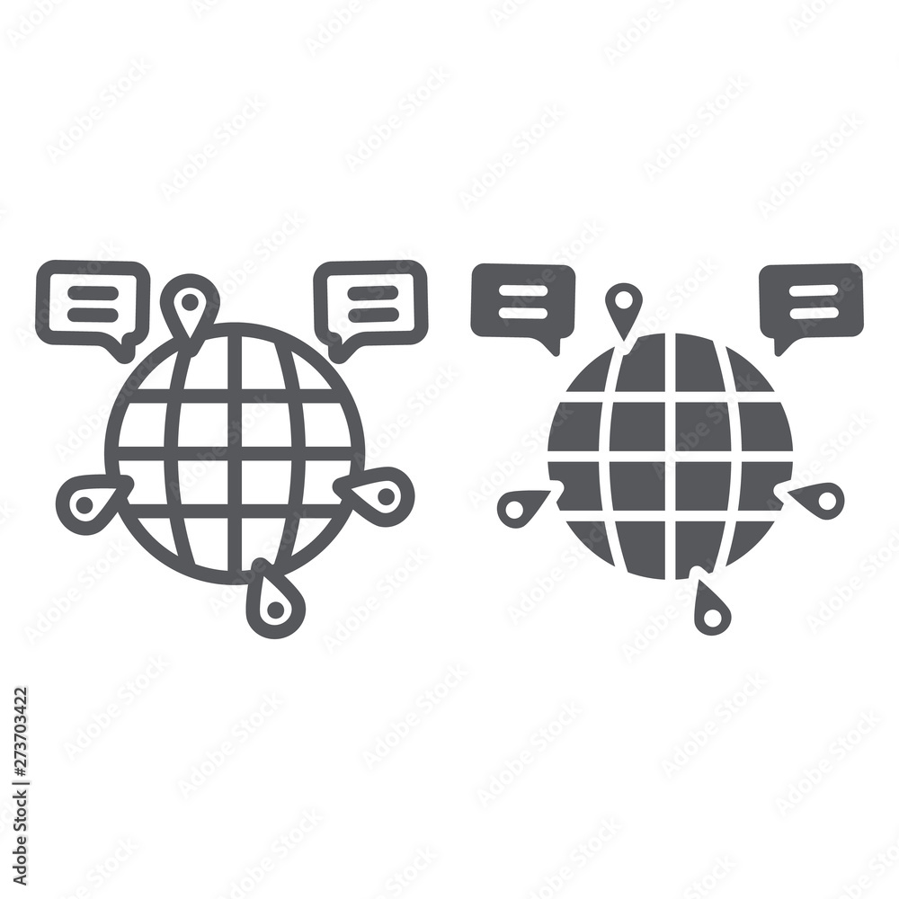 Poster globe communication line and glyph icon, internet and connection, global chat sign, vector graphics,