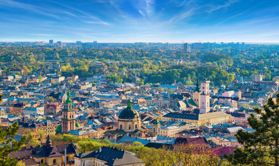 Fototapeta premium Panoramic aerial view of colourful houses in historical old district of Lviv, Ukraine