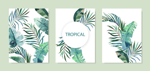 Fototapeta na wymiar Exotic tropical palm tree. Frame border background. Summer vector illustration. Template set for card. Watercolor style