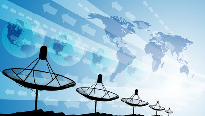 Satellite dishes on rooftop with world and graphic effect, Technology background