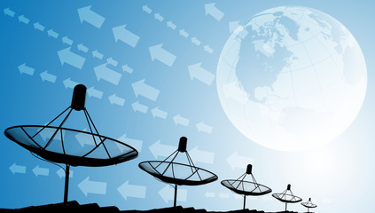 Satellite dishes on rooftop with world and graphic effect, Technology background