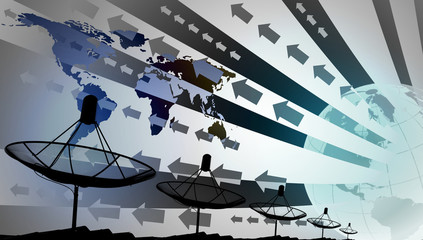 Satellite dishes on rooftop with world and graphic effect, Technology background