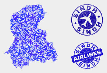 Airplane vector Sindh Province map mosaic and grunge watermarks. Abstract Sindh Province map is created of blue flat randomized airplane symbols and map markers. Transport plan in blue colors,