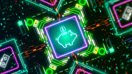 Fototapeta premium Piggy bank with coins sign. Digital currency concept background