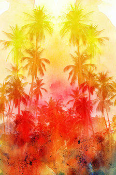 Watercolor beautiful retro tropics palm trees background
