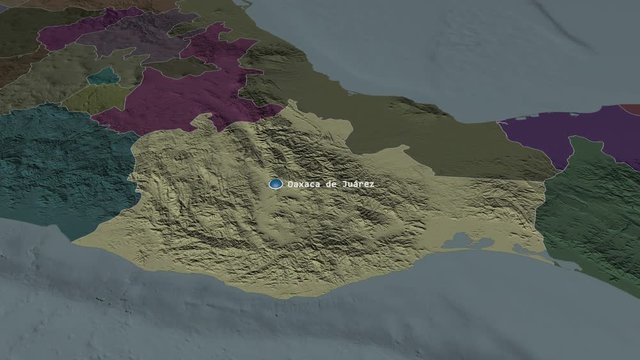Oaxaca - state of Mexico zoomed on the administrative map of the globe. Animation 3D