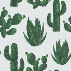 Vector cacti seamless pattern. Cactus illustration of aloe, prickly pear, opuntia. Desert flora background ideal for wallpaper, textile and wrapping paper.