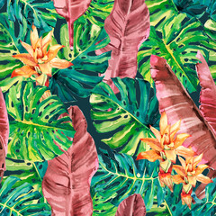 Watercolor hand drawn exotic botanical rainforest leaves and flowers illustration seamless pattern © Salnikova Studio