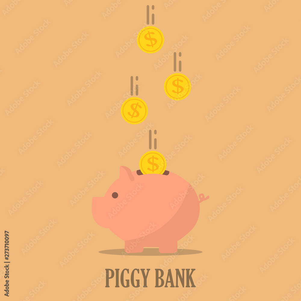 Aufkleber piggy bank with coins in a flat design. the concept of saving or save money or open a bank deposit
