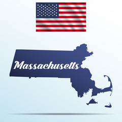Massachusetts state with shadow with USA waving flag