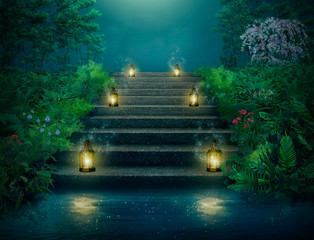 Fantasy stairs with lanterns in the river at night. © susanafh