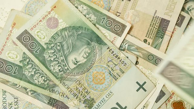 Finance economy currency Narodowy Bank Polski notes, close up shot